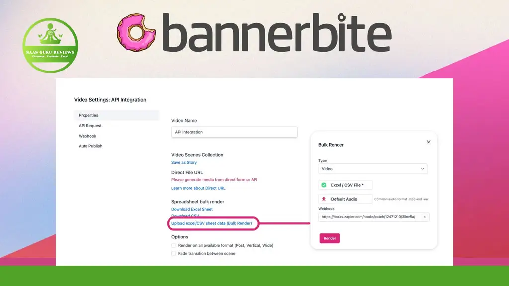 Screenshot of the Bannerbite platform interface showing video settings for API integration, with the "Upload Excel/CSV sheet data (Bulk Render)" option highlighted to help automate WordPress video creation.