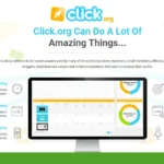 Screenshot of a promotional webpage for Click.org, outlining its online marketing tracking features such as real-time tracking, split testing, email opens, buyer targeting, link rotation, and over 50 tools.