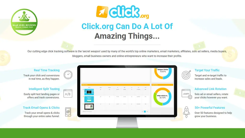 Screenshot of a promotional webpage for Click.org, outlining its online marketing tracking features such as real-time tracking, split testing, email opens, buyer targeting, link rotation, and over 50 tools.