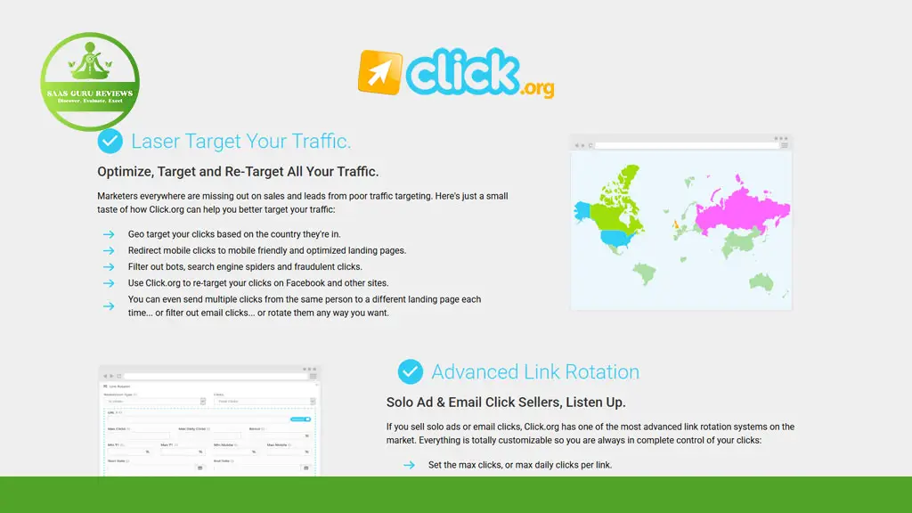 A promotional graphic for click.org highlights traffic targeting features, with a logo, world maps, and text about traffic optimization and link rotation.