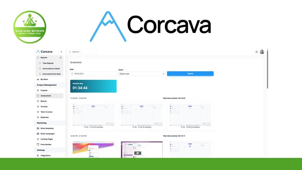 Screenshot of the Corcava 2025 software dashboard displaying user activity reports, time tracked, and screenshots, with the Corcava logo at the top and the SaaS Guru Reviews logo on the left—a powerful business tool for project management.