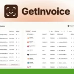 Screenshot of the GetInvoice dashboard showing a list of invoices from various providers, with company logos and invoice details displayed in a clean user interface.