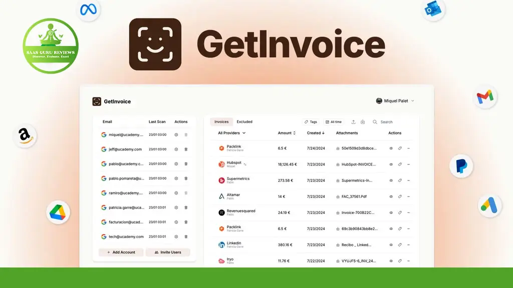 Screenshot of the GetInvoice dashboard showing a list of invoices from various providers, with company logos and invoice details displayed in a clean user interface.