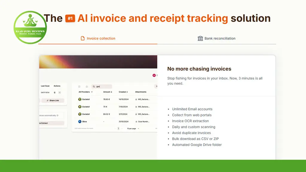 Screenshot of a website promoting an AI invoice and receipt tracking solution, highlighting features like email accounts, OCR extraction, custom scanning, and Google Drive integration.