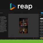 Screenshot of a computer screen displaying the Reap interface, with meme captions being edited and various text and tool panels visible.