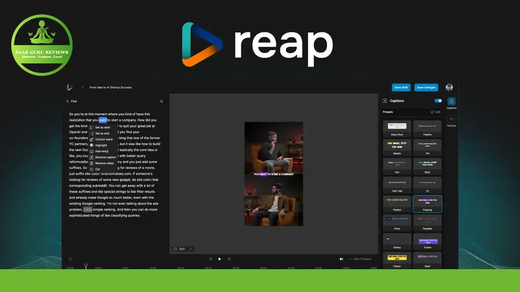 Screenshot of a computer screen displaying the Reap interface, with meme captions being edited and various text and tool panels visible.