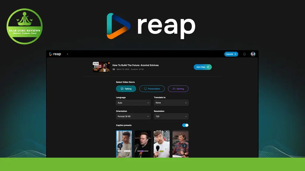 Screenshot of the Reap platform interface showing options to select video genre, language, orientation, resolution, and caption presets, with the Reap logo and branding at the top.