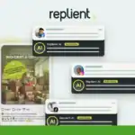 A graphic featuring the Replient.ai logo, chatbot response examples, and a mobile screen highlighting a giveaway for organic fruit and vegetables with this powerful AI automation tool.