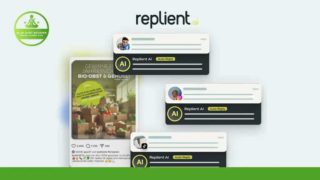 A graphic featuring the Replient.ai logo, chatbot response examples, and a mobile screen highlighting a giveaway for organic fruit and vegetables with this powerful AI automation tool.