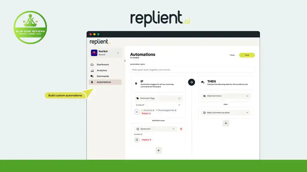 Screenshot of the Replient.ai dashboard featuring its AI Automation Tool on the Automations page, where you can build custom automations and manage comments. Discover efficiency with Replient.ai—now available as a Lifetime Deal!.