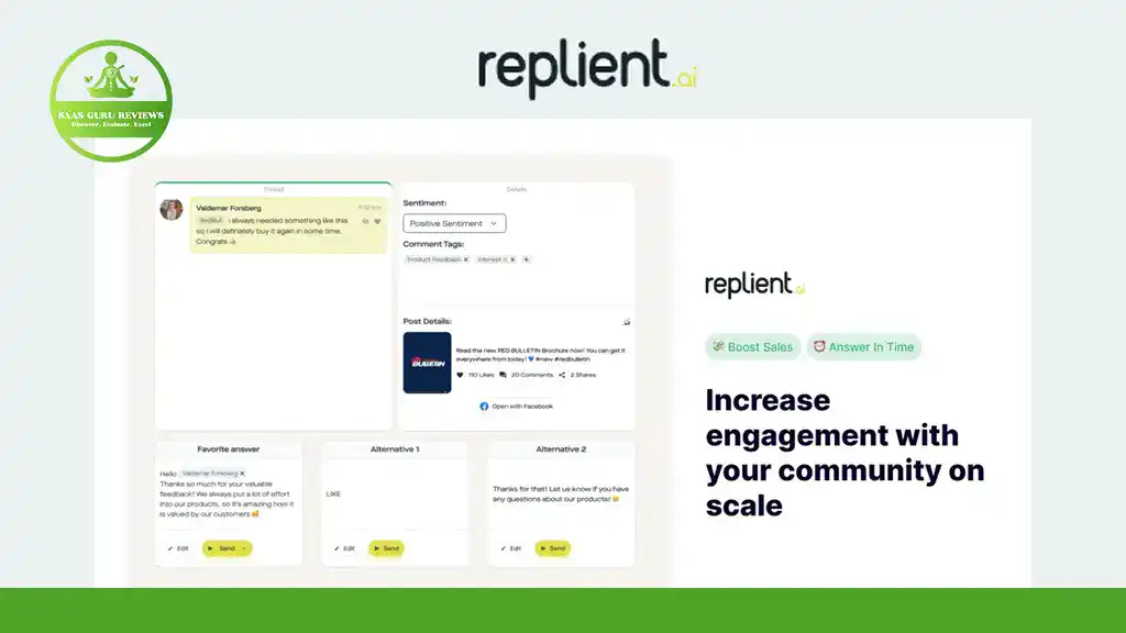 Screenshot of the Replient.ai platform interface, showcasing community engagement features alongside the tagline: "Increase engagement with your community on scale." Discover how this powerful AI automation tool streamlines interaction.