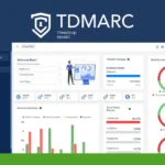 Screenshot of the TDMARC dashboard displaying email security analytics, summary charts, graphs, and navigation menu on the left; ThreatCop branding at the top highlights Secure Your Email Domain and advanced Email Spoofing Protection features.