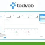 Screenshot of the Todvob dashboard showing analytics with zero activity, navigation menu on the left, and a settings panel on the right. SaaS Guru Reviews logo is in the top left corner, perfect for a quick pricing analysis or UserPop review reference.