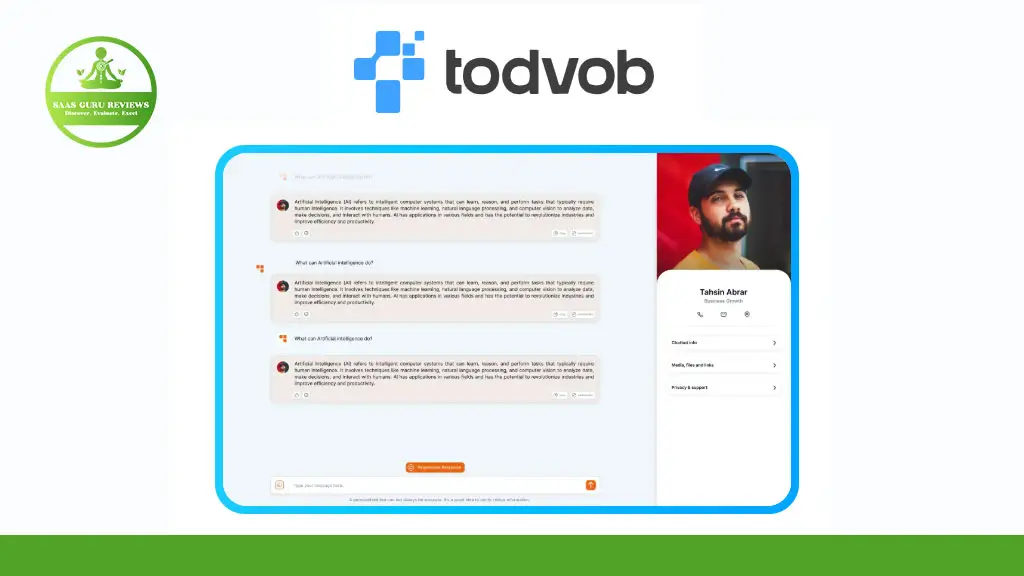 Screenshot of the Todvob website interface displaying a user profile on the right and conversation threads on the left, with the Todvob logo at the top—perfect for those seeking an honest review or detailed pricing analysis.