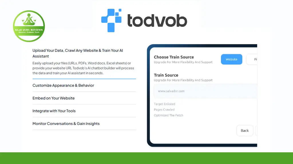 Screenshot of the TODVOB platform interface displaying options to upload data, customize AI chatbot behavior, embed on a website, integrate tools, and monitor conversations—perfect for AI assistant training with a special Lifetime Deal offer.