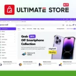 Screenshot of the Ultimate Store homepage, built with Elementor WordPress, highlighting a 50% off smartphone promotion and featuring images of phones alongside various service icons.