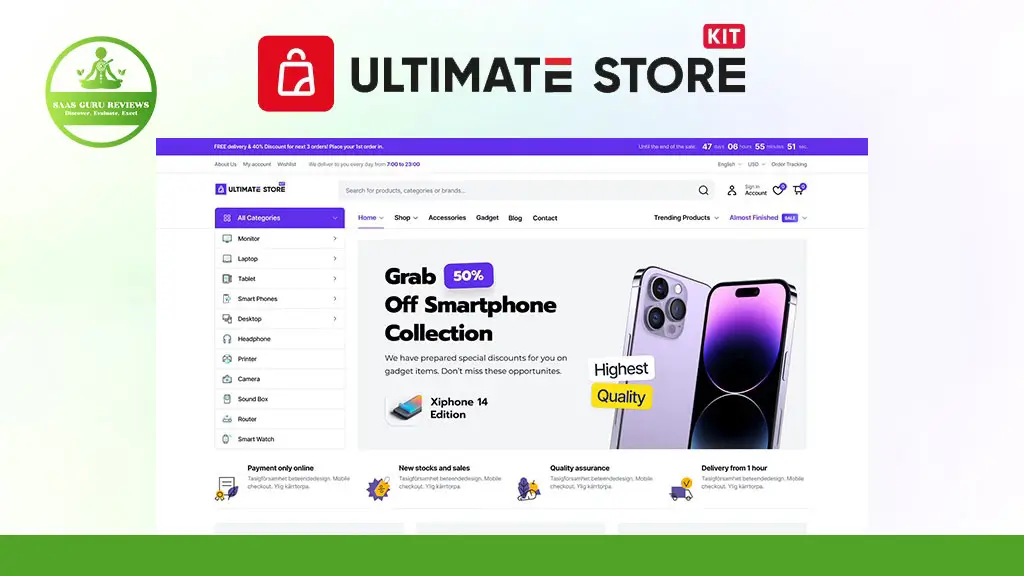 Screenshot of the Ultimate Store homepage, built with Elementor WordPress, highlighting a 50% off smartphone promotion and featuring images of phones alongside various service icons.