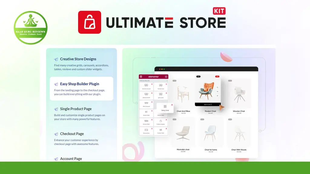 Screenshot displaying the Ultimate Store Kit interface built with Elementor, featuring product listings, highlights, and a SaaS Guru Reviews badge in the top left corner—showcasing its seamless integration as a WordPress builder plugin.