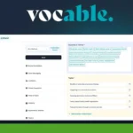 Screenshot of the Vocable platform dashboard displaying options for brand setup, including marketing plans, keywords, themes, and topics, with a navigation menu on the left side.