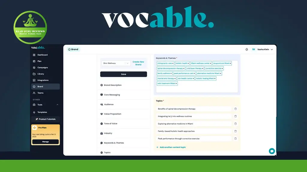 Screenshot of the Vocable platform dashboard displaying options for brand setup, including marketing plans, keywords, themes, and topics, with a navigation menu on the left side.