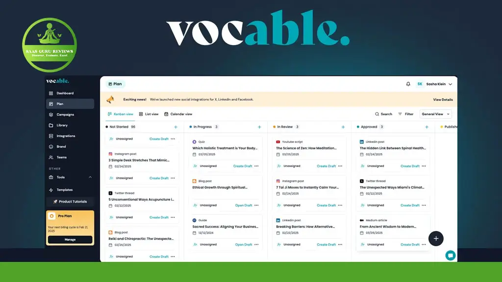 A screenshot of the Vocable AI platform dashboard displaying a content calendar with scheduled posts organized in columns by status, streamlining content creation and marketing plans.