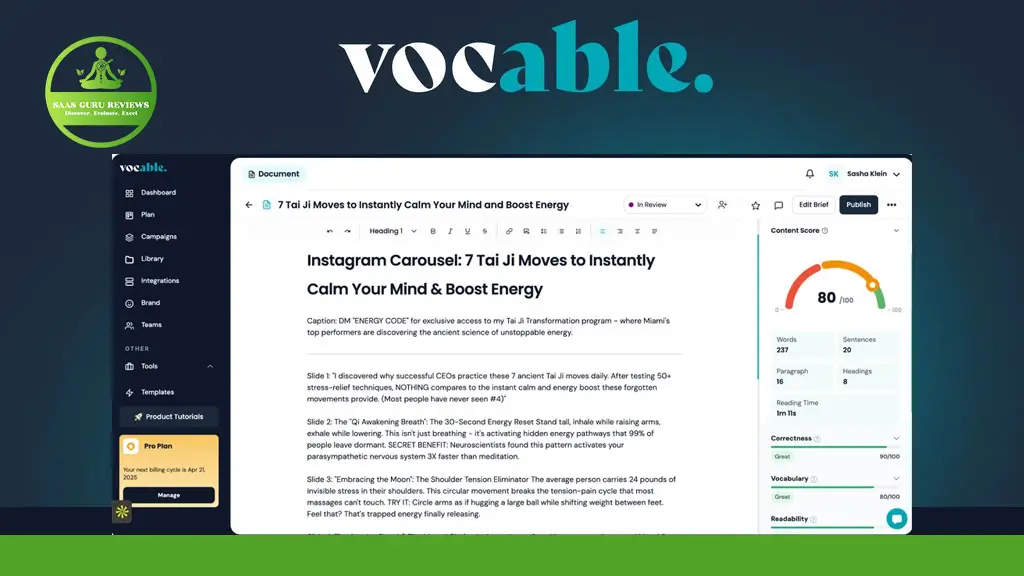 A computer screen displays a document titled "Instagram Carousel: 7 Tail Ji Moves to Instantly Calm Your Mind & Boost Energy," with writing, a content score gauge, and suggestions from Vocable AI to enhance content creation on the side.