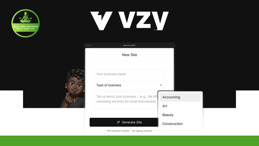 A website creation interface displays fields for business name, business type dropdown options, and a "Generate Site" button, with a cartoon character and logo visible on the left.