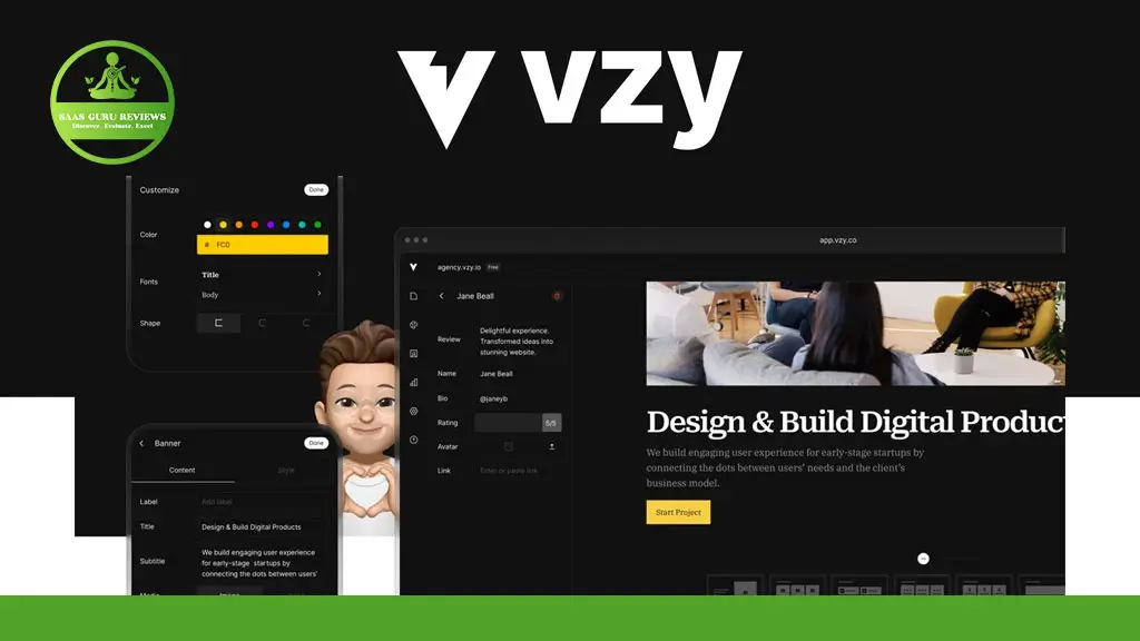 Screenshot of the Vzy website builder interface, showing customization options, a sample project page, and the Vzy logo at the top.