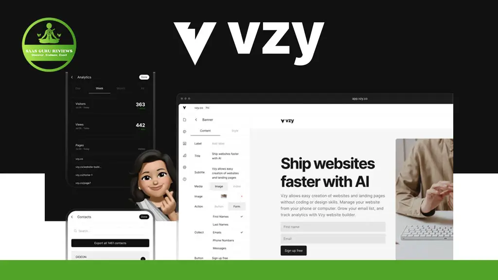 Screenshot of the Vzy website builder interface displayed on multiple devices, with text promoting AI-powered website creation and a SaaS Guru Reviews logo in the corner.