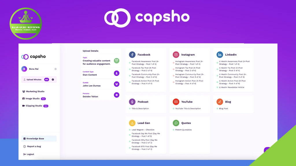 Screenshot of the Capsho NextGen dashboard featuring AI-powered podcast content marketing tools, with options to upload and distribute across channels like Facebook, Instagram, LinkedIn, Podcast, YouTube, Blog, Lead Gen, and Quotes.