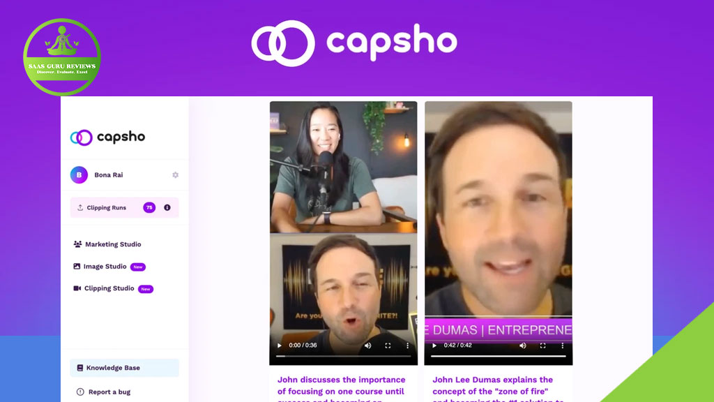 Screenshot of the Capsho NextGen platform showing a video call with two participants, menu options on the left, and video content featuring a man speaking—perfect for AI-powered podcast content marketing.