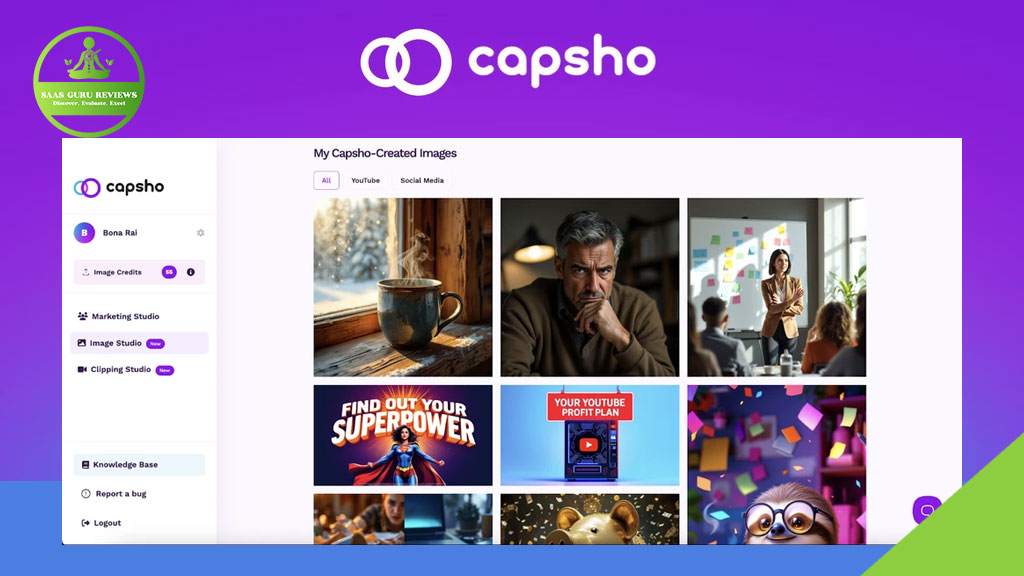 Screenshot of the Capsho NextGen dashboard showcasing a gallery of AI-generated images, a navigation menu on the left, and the Capsho logo at the top, all set against a vibrant purple and blue background for Podcast Content Marketing.