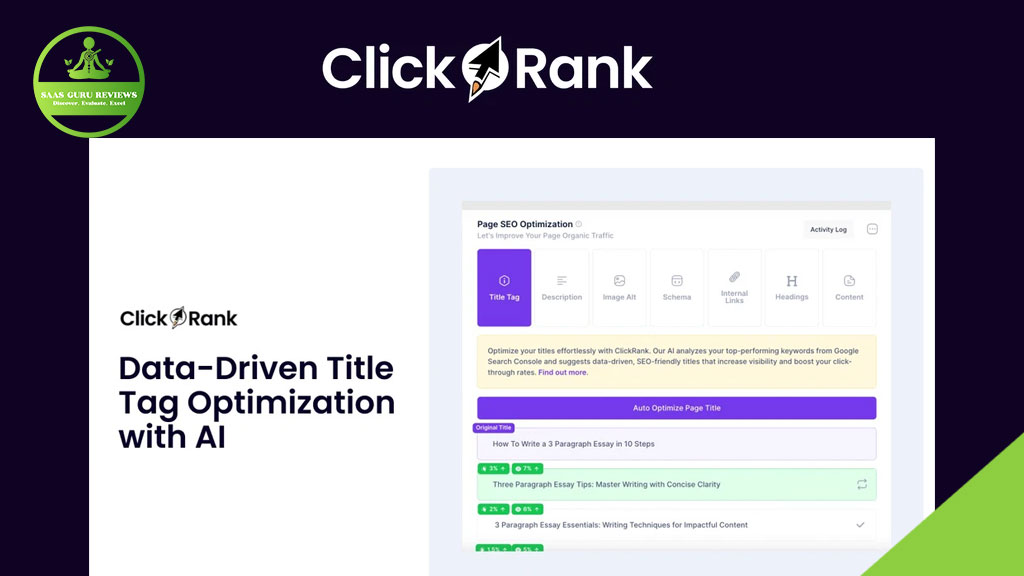 Screenshot of ClickRank’s interface showing the ultimate tool for AI-powered page SEO optimization, focusing on data-driven title tag optimization with highlighted buttons and options to boost website traffic.