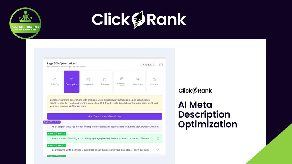 Screenshot of ClickRank's AI Meta Description Optimization SEO tool interface, displaying options for editing and generating meta descriptions to boost website traffic.