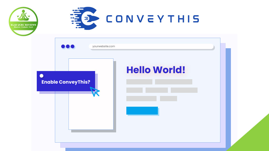 Screenshot of a website interface with a "Hello World!" message, the ConveyThis logo, and a prompt to enable ConveyThis—an AI-powered website translation solution for global reach.