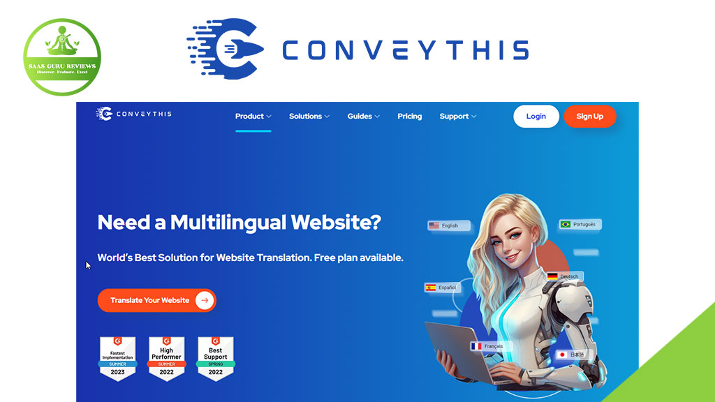 Screenshot of the ConveyThis website homepage, featuring a robot woman holding a laptop and language flags, with text promoting their AI-powered website translation for global reach.