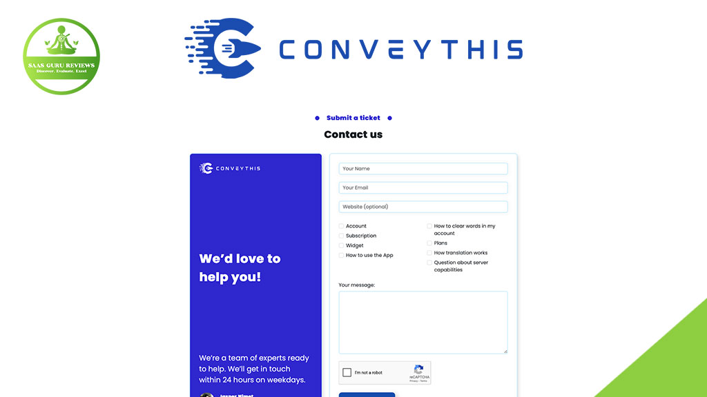 Contact form page for ConveyThis featuring fields for name, email, website, message options, and a blue sidebar with support info—ideal for inquiries about our AI-powered website translation solution and expanding your global reach.