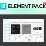 Screenshot of the Element Pack Pro interface for Elementor in WordPress, showcasing a template library, with the Element Pack Pro and SaaS Guru Reviews logos displayed above.