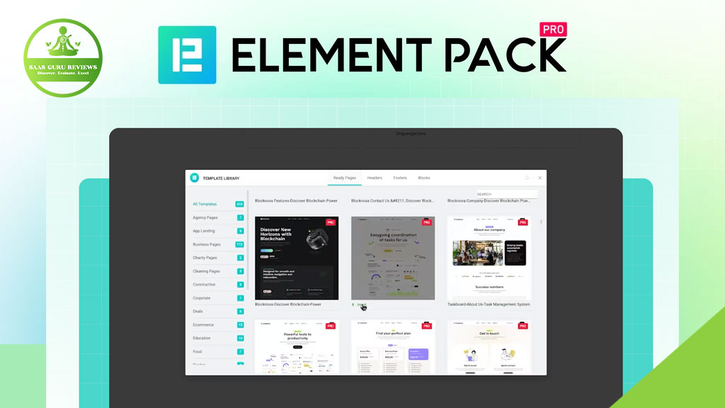Screenshot of the Element Pack Pro interface for Elementor in WordPress, showcasing a template library, with the Element Pack Pro and SaaS Guru Reviews logos displayed above.