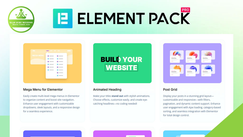Screenshot of the Element Pack Pro plugin interface for WordPress, highlighting features like Mega Menu for Elementor, Animated Heading, and Post Grid, with colorful icons and clear text descriptions.