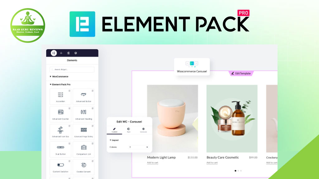 Screenshot of the Element Pack Pro plugin for Elementor, displaying a sidebar menu of widgets and a preview of an online store product carousel in WordPress.