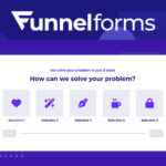 Screenshot of the FunnelForms multi-step form builder interface on WordPress, displaying a question—"How can we solve your problem?"—with five selectable icons below, designed to enhance lead generation.
