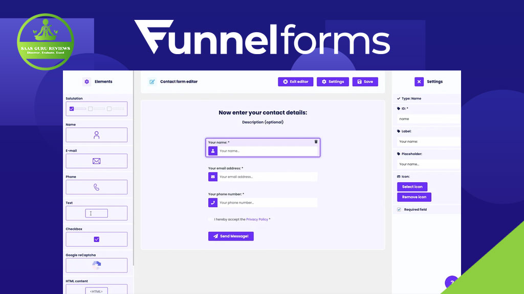 Screenshot of the FunnelForms contact form editor interface, a powerful multi-step form builder for WordPress, showing form elements on the left, form preview in the center, and settings on the right for seamless lead generation.
