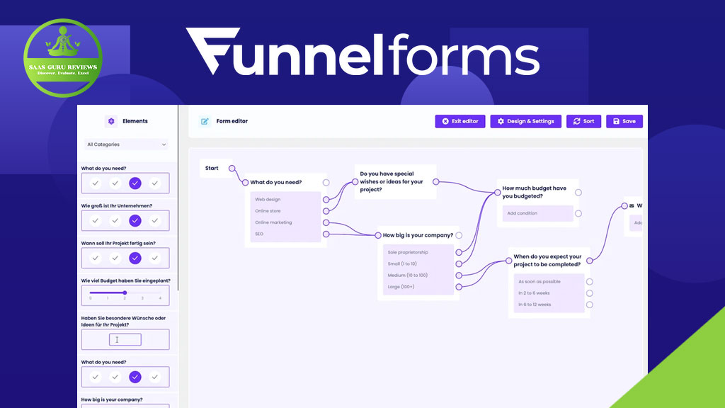 Screenshot of a Funnel Forms multi-step form builder interface in WordPress, featuring a flowchart for project questions and customizable lead generation options on the left sidebar.