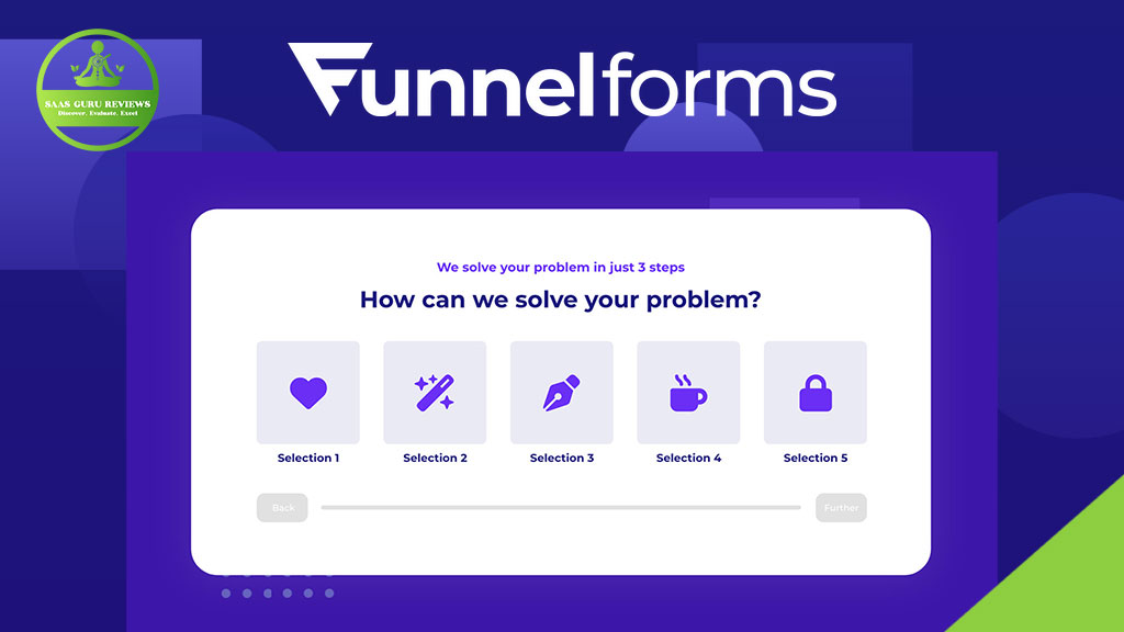 Screenshot of the FunnelForms multi-step form builder interface on WordPress, displaying a question—"How can we solve your problem?"—with five selectable icons below, designed to enhance lead generation.