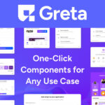 Screenshot of the Greta platform website showcasing UI component examples and the text "One-Click Components for Any Use Case" on a blue background—perfect for anyone seeking an AI app builder or a no-code website solution.