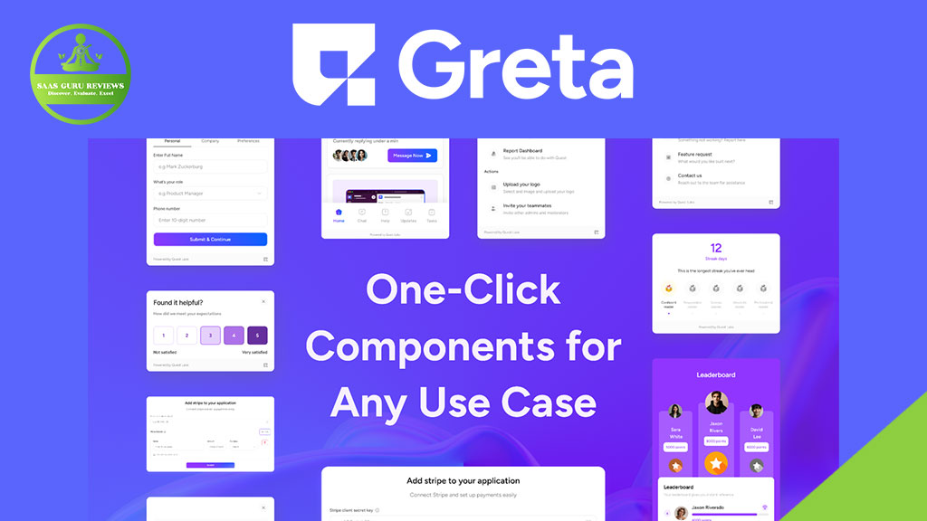 Screenshot of the Greta platform website showcasing UI component examples and the text "One-Click Components for Any Use Case" on a blue background—perfect for anyone seeking an AI app builder or a no-code website solution.
