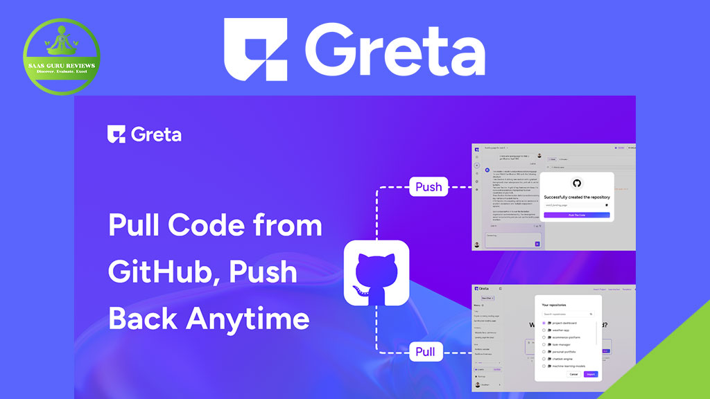 Greta interface showing how to pull code from GitHub and push changes back, with screenshots illustrating the push and pull actions—ideal for anyone using a no-code website or an AI app builder to build full-stack apps seamlessly.