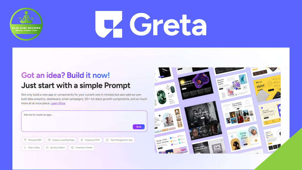 Screenshot of a website landing page for "Greta" featuring an AI app builder prompt interface and a grid of app templates, with the SaaS Guru Reviews logo in the top left corner.