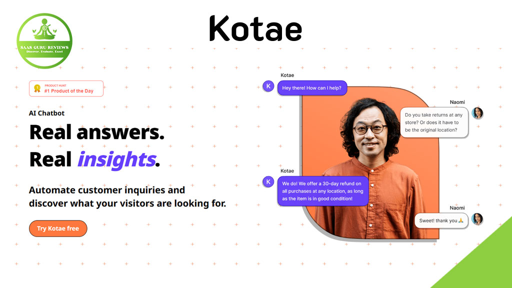 Promotional graphic for Kotas AI Chatbot, showing a man smiling with chat bubbles, feature descriptions highlighting how to Automate Customer Inquiries, and a "Try Kotae free" button.